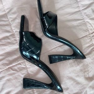 Black, leather, open toe, shorter heel